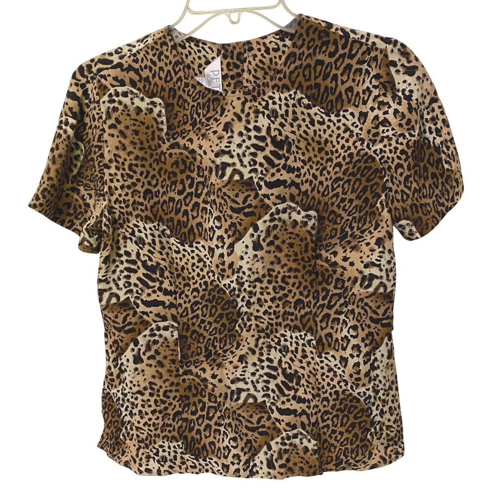 Vtg 90s Cat Leopard Print Silk Blouse Size 2 Back Button Mob Wife Office Core